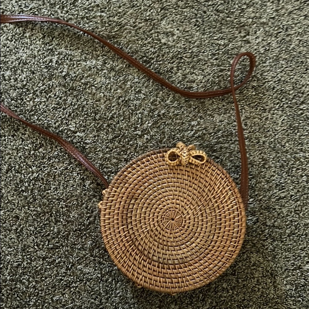 Round Woven Crossbody Bag - Brown